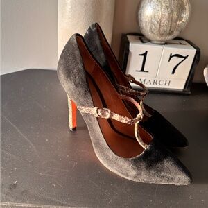 Coach Black Velvet Pointed-Toe T-Strap Stiletto Heels with Snake-Print Strap